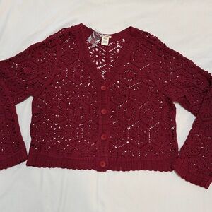 Ultra Pink Crochet Cardigan 100% Cotton Burgundy L NWT